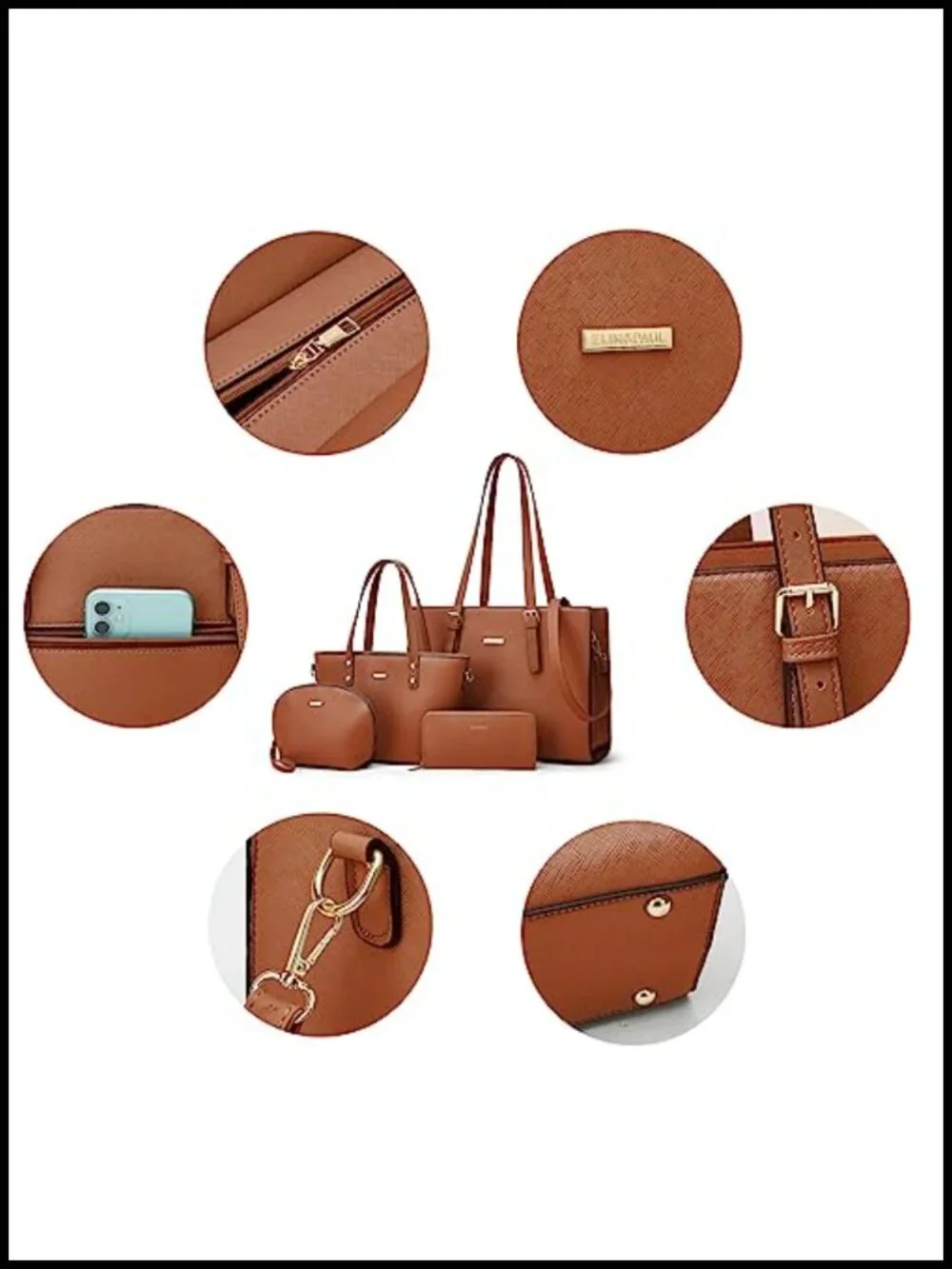 Synthetic Leather Tote Bag Set with Crossbody and Cosmetic Bag